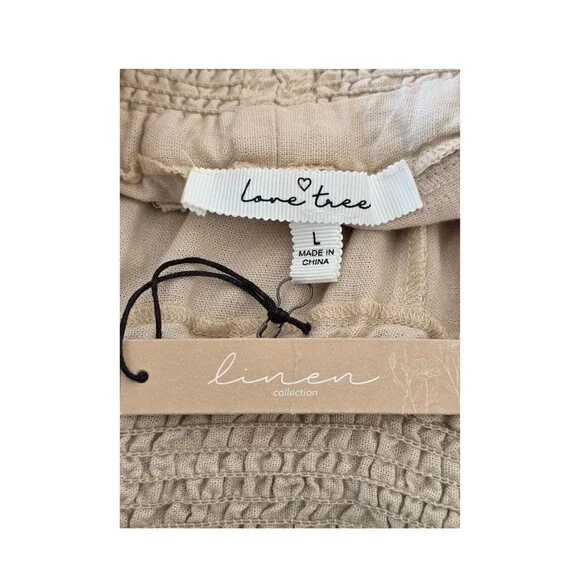 Love Tree L Beige Linen Blend Smocked Waist Pull on Pants w/ Pockets Beachy NWT - Picture 6 of 8